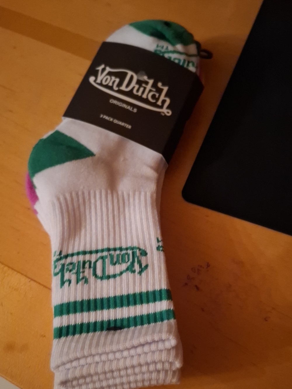 Von Dutch White Socks with Green Accent Stripes - Quarter Crew
